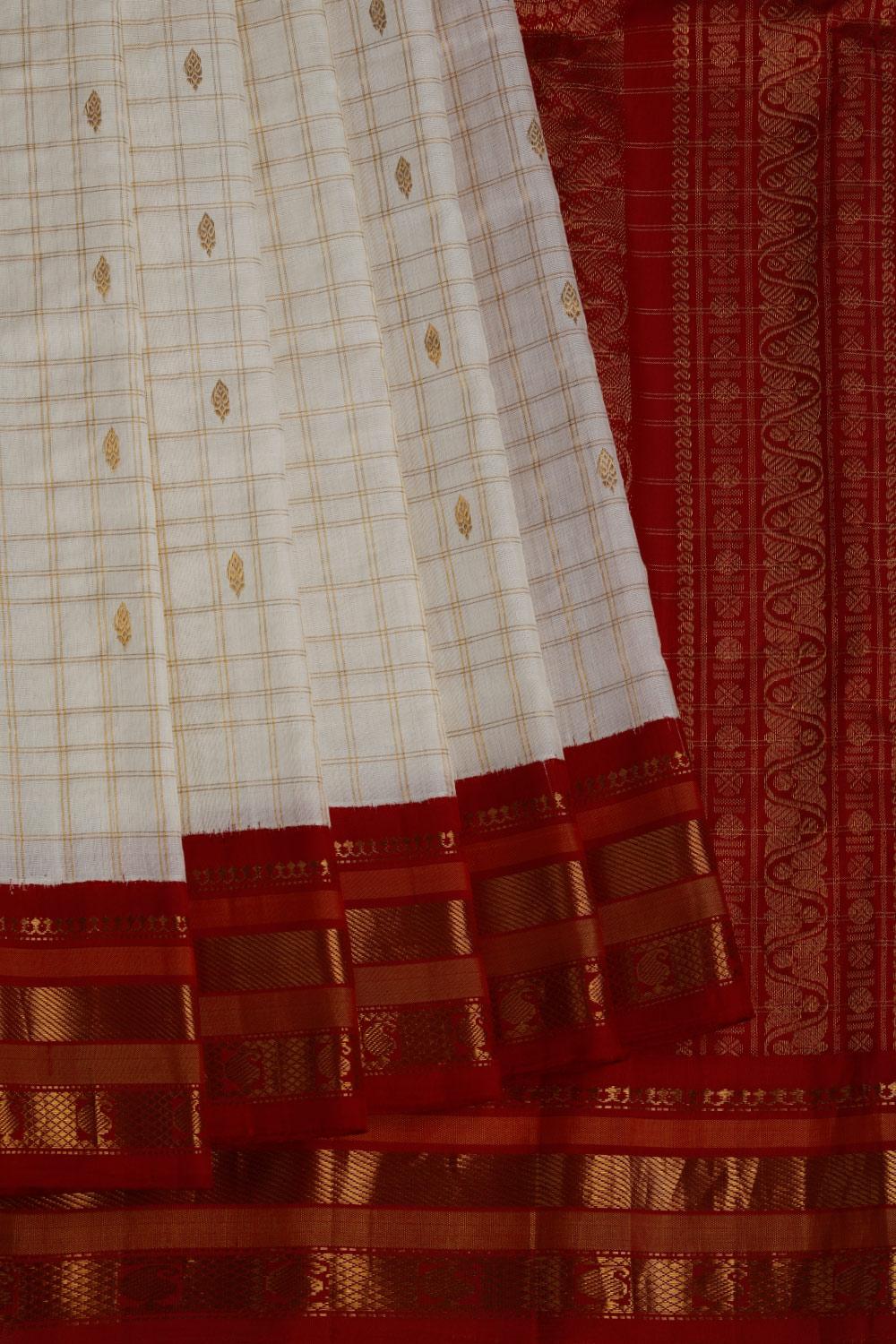Gadwal Silk-Cotton Ivory Cream Saree With Red Border-Pallu
